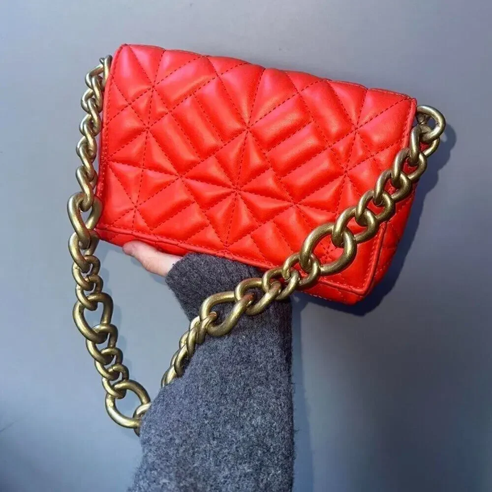 ZARA Coral Orange Quilted Chain Shoulder Bag NWT Gold Chain Purse OS